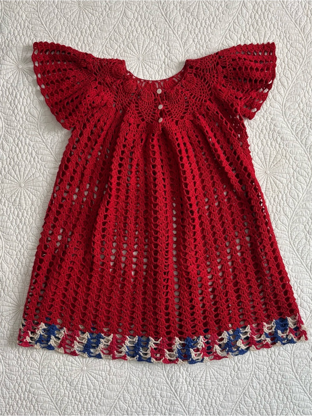 Vintage 1960s Children's Red, Blue & White Crocheted Dress / 4-6 Y